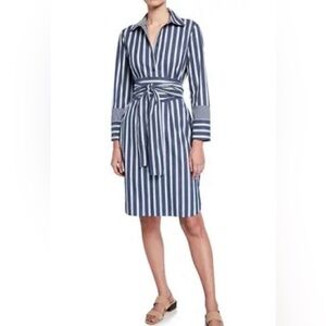 Lafayette 148 Fabiola Twilight Dungaree Blue Stripe Long Sleeve Belted Shirtdres